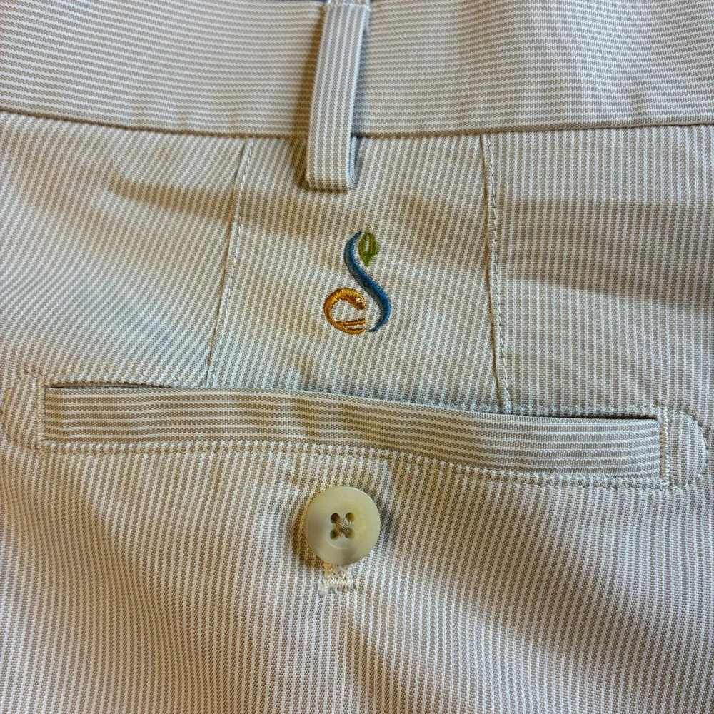 Peter Millar Mens 36 Crown Sport Wicking Golf Shorts Tan White Micro Stripe 9in